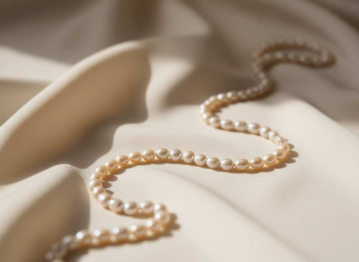 柔和光線下，淡水珍珠項鍊靜置於絲綢上的優雅形象