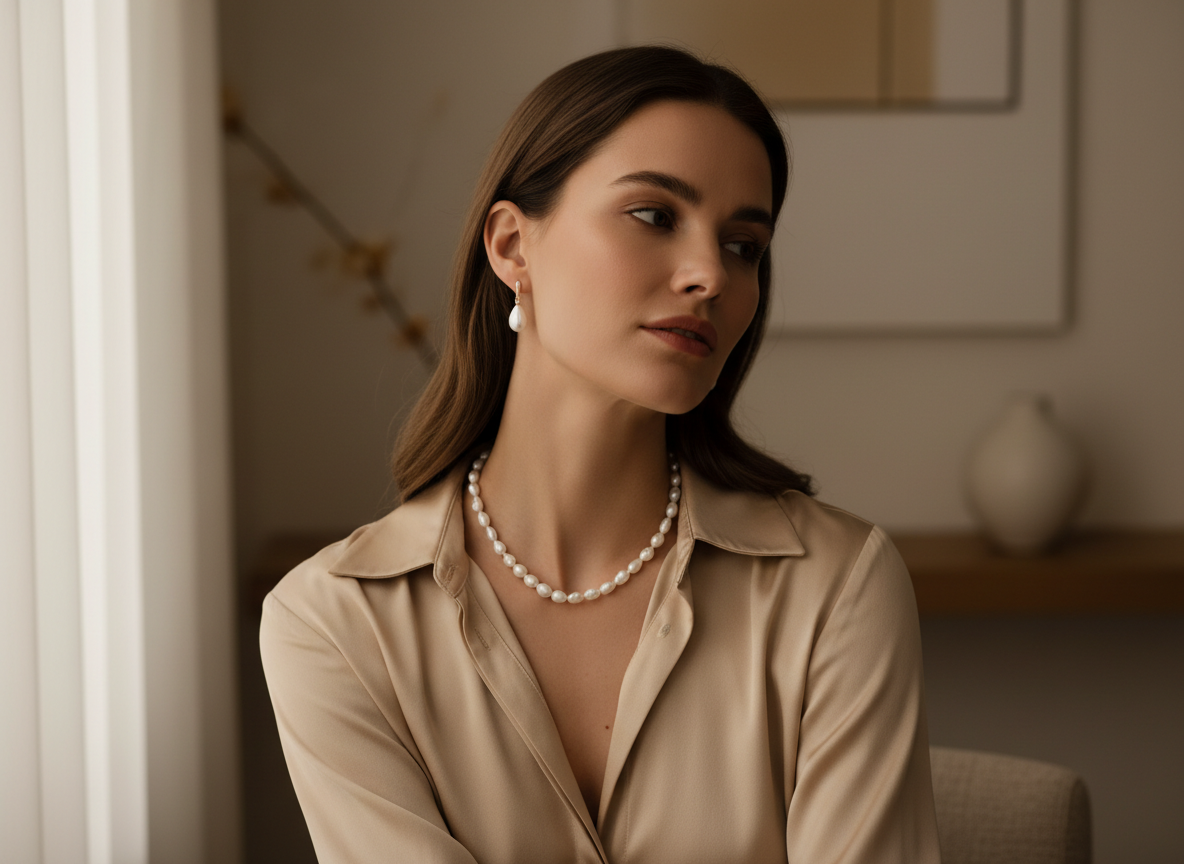 Elegant lifestyle photograph of a sophisticated woman wearing a delicate freshwater pearl necklace and pearl earrings, soft natural light, champagne and cream tones