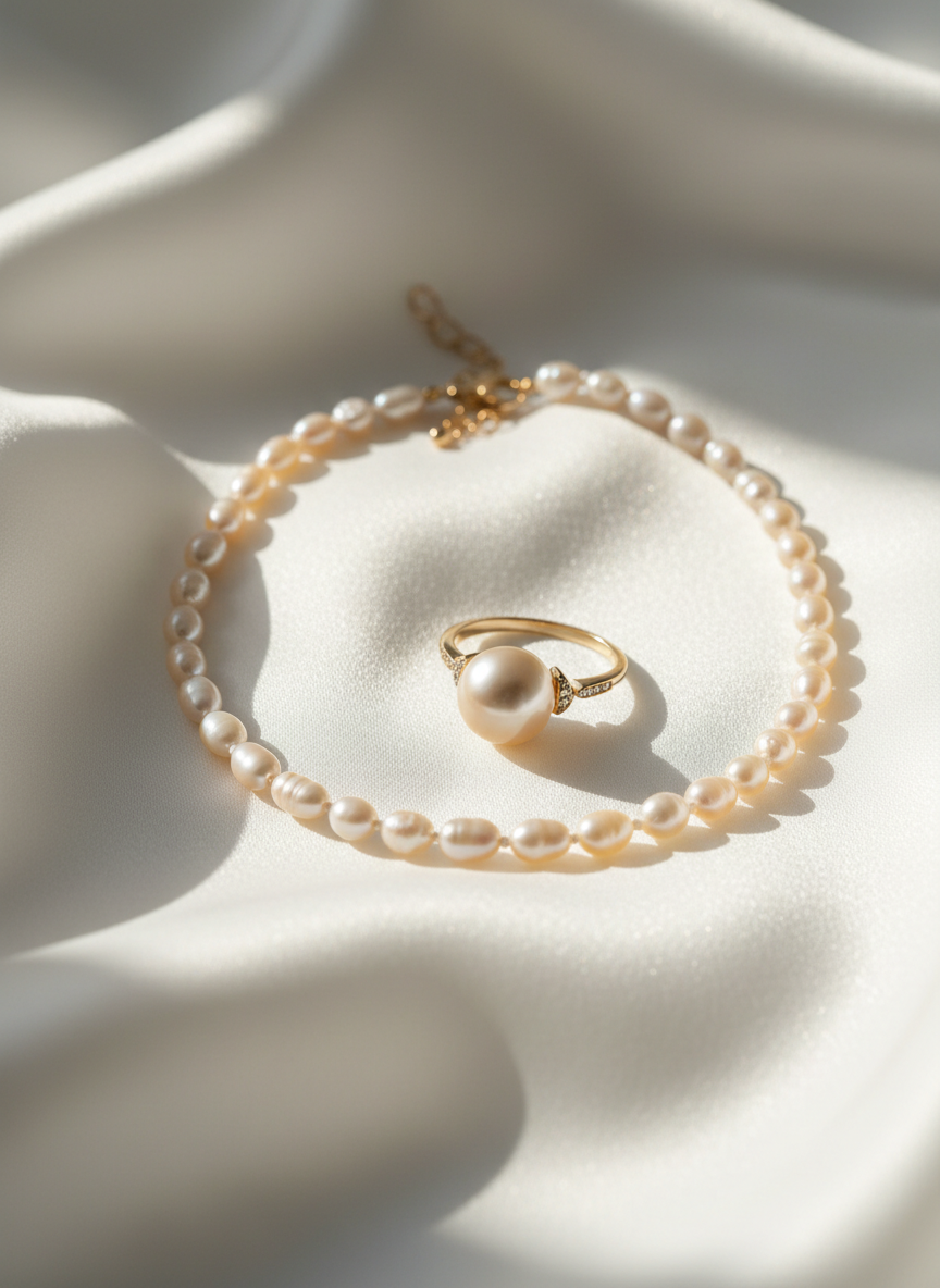 A close-up of elegant freshwater pearl jewelry — a delicate pearl necklace and pearl ring arranged on soft white silk fabric, soft diffused natural light, champagne and ivory tones, minimalist luxury editorial photography style, no text, no background clutter