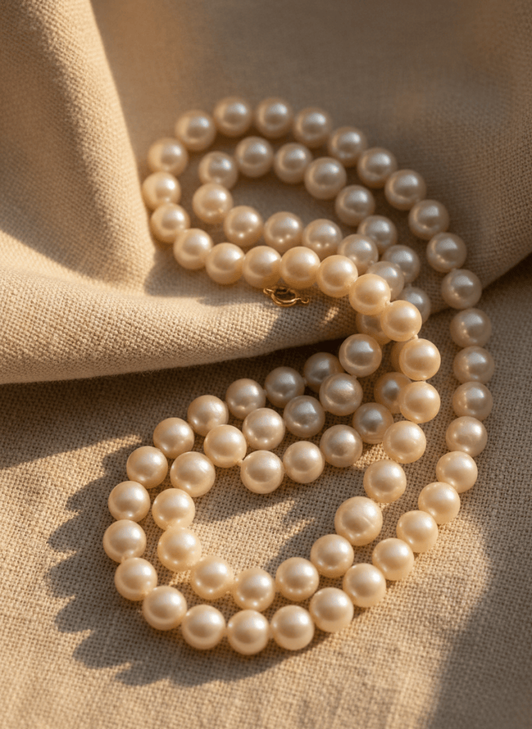 Sophisticated product photograph of a freshwater pearl necklace draped gracefully on ivory linen, lustrous round pearls catching soft warm light, minimalist luxury jewelry photography, warm neutral palette, editorial elegance