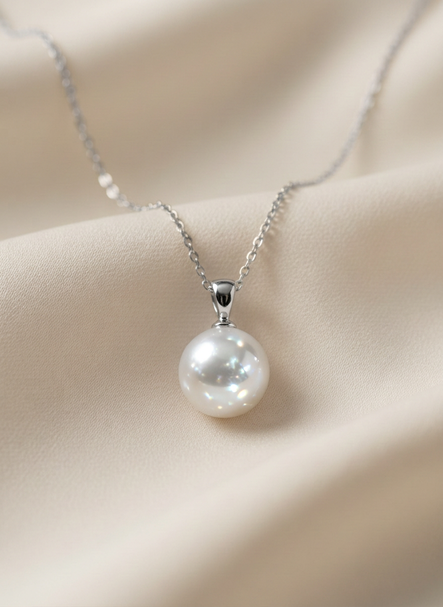 Elegant single freshwater pearl pendant necklace on a soft off-white background, delicate gold chain, luminous pearl, minimalist luxury jewelry product photography, warm neutral tones