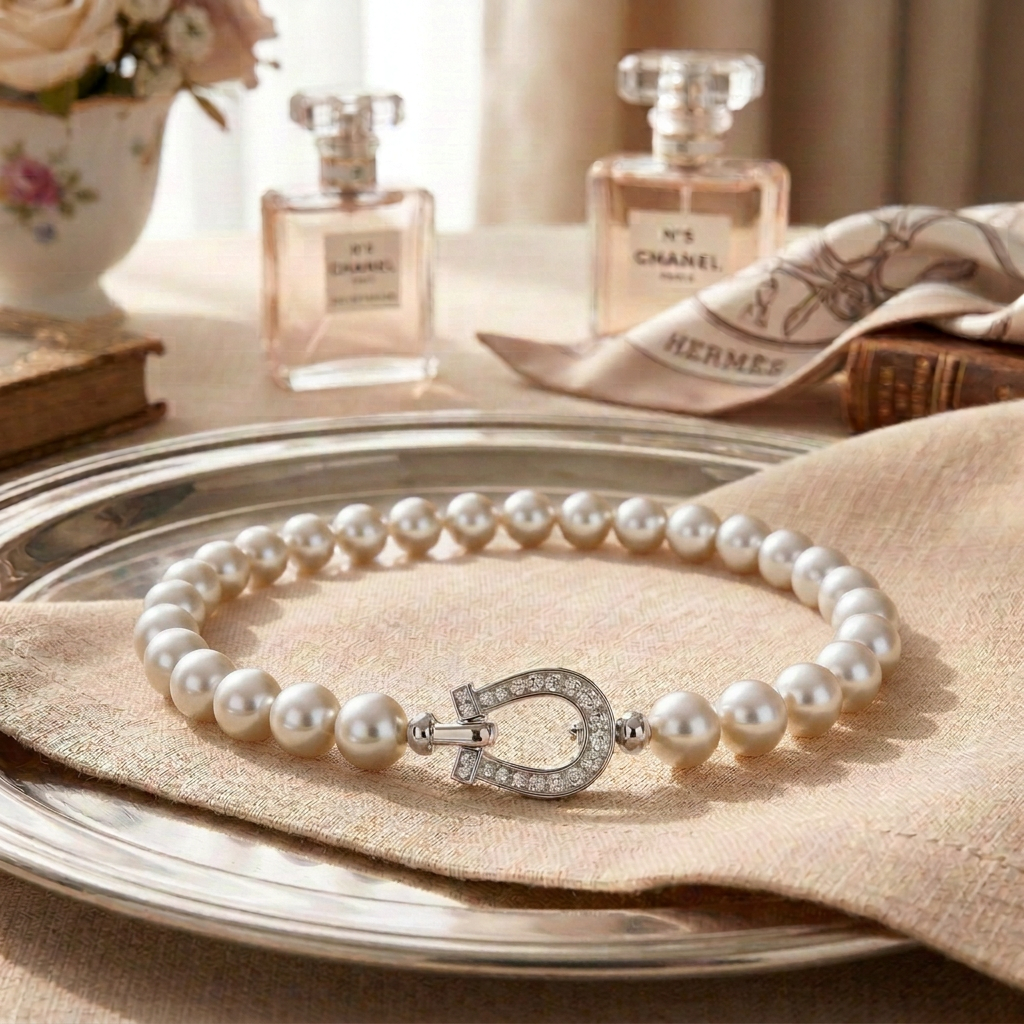 Pearl bracelet with horseshoe clasp on linen-covered silver tray